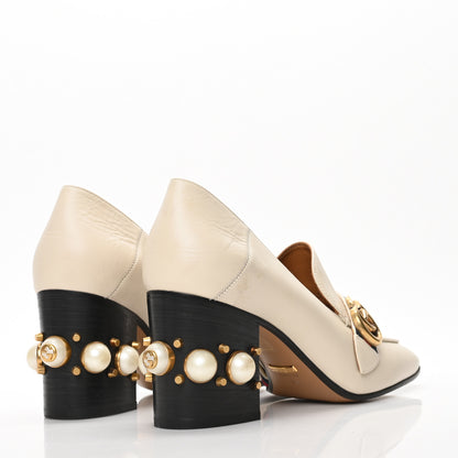 Gucci Betis Glamour Calfskin Web Pearl Embellished Peyton 75mm Loafer Pumps 40 Mystic White 4 of 8