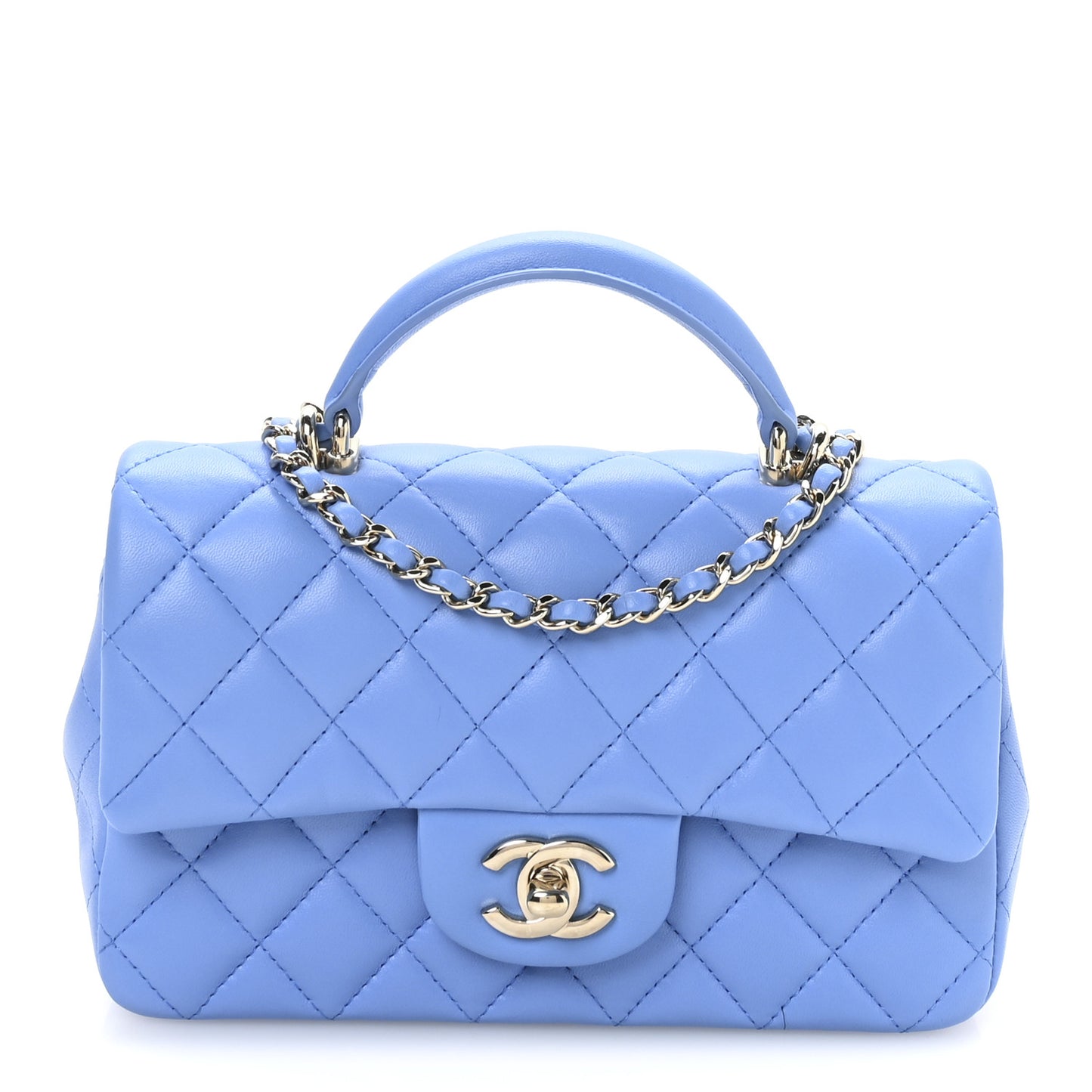 Lambskin Quilted Mini Top Handle Rectangular Flap Blue