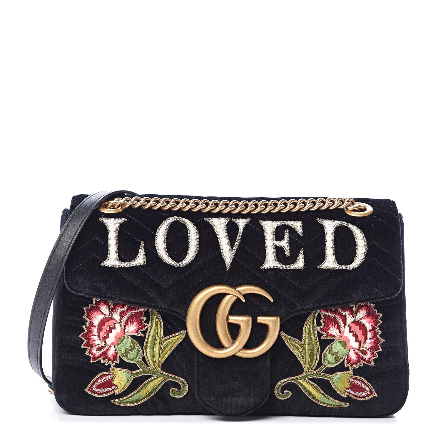 Gucci Velvet Matelasse Loved Embroidered Medium GG Marmont Shoulder Bag Black 1 of 10