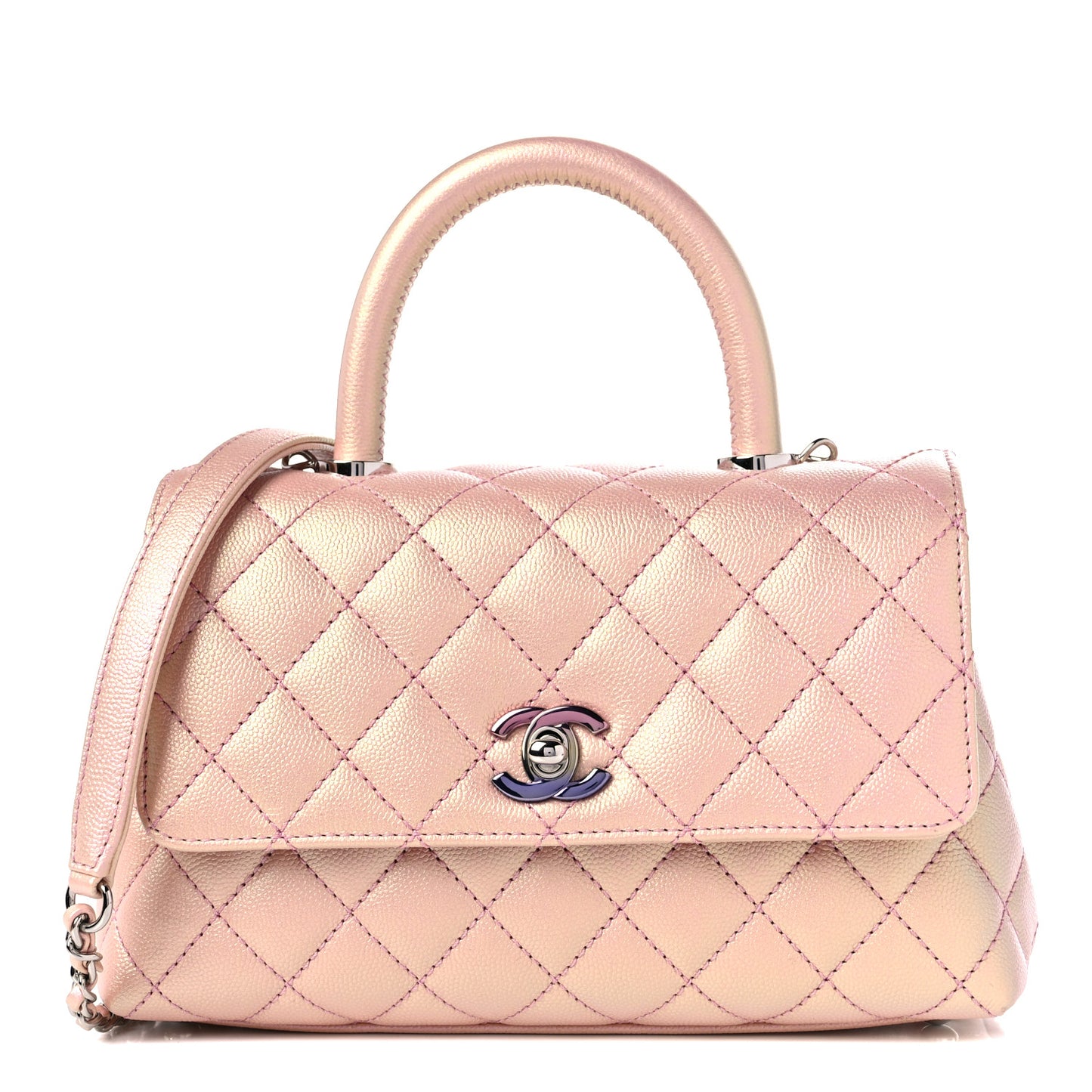 Iridescent Caviar Quilted Mini Coco Handle Flap Pink