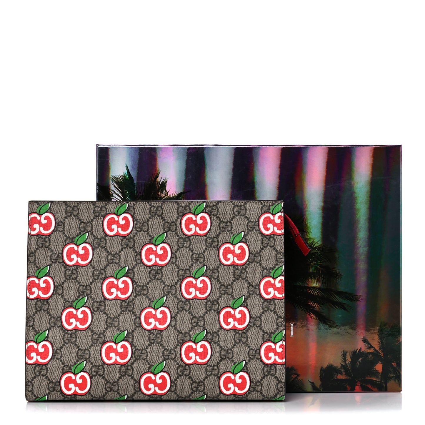 GG Supreme Monogram Apple Large Cosmetic Case Beige Multicolor Lobster Red