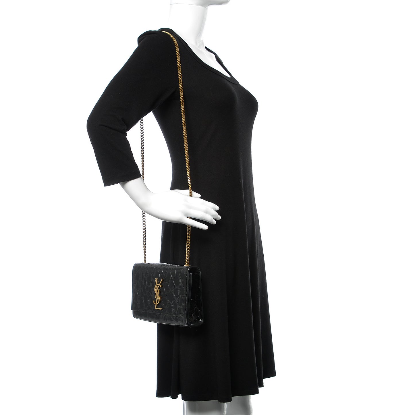 Patent Crocodile Embossed Small Classic Monogram Kate Satchel Black