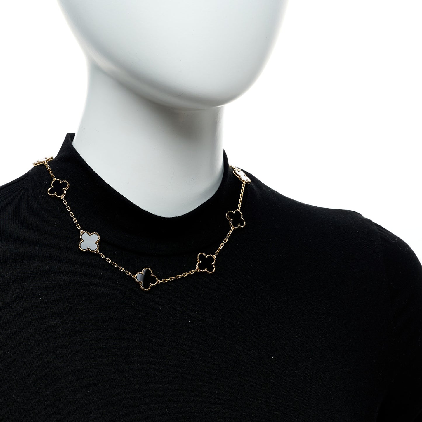18K Yellow Gold Black Onyx 10 Motifs Vintage Alhambra Necklace