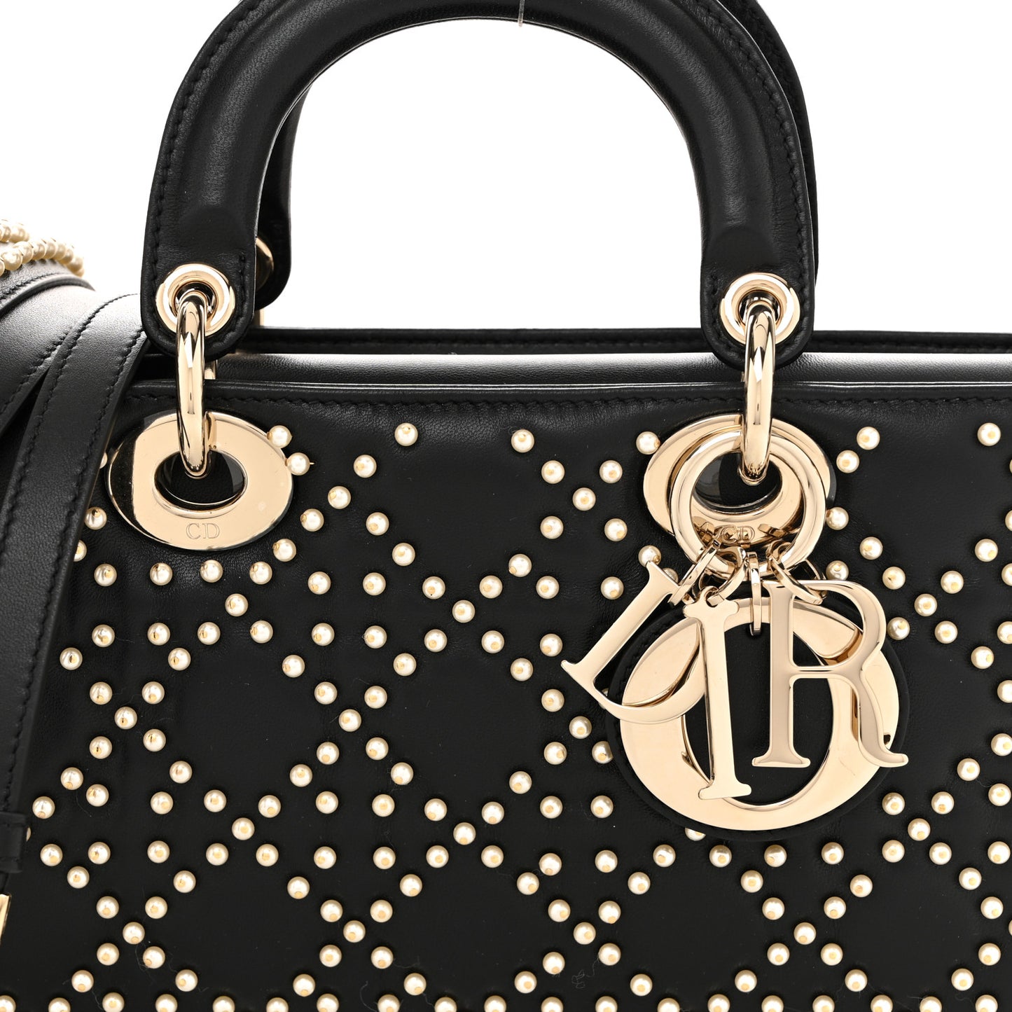 Lambskin Cannage Pearl Studded Small Lady D-Joy Black