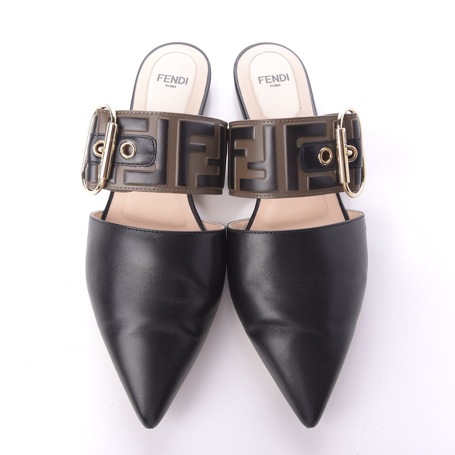Vitello FF Embossed Buckle Flat Mules 36 Maya Black