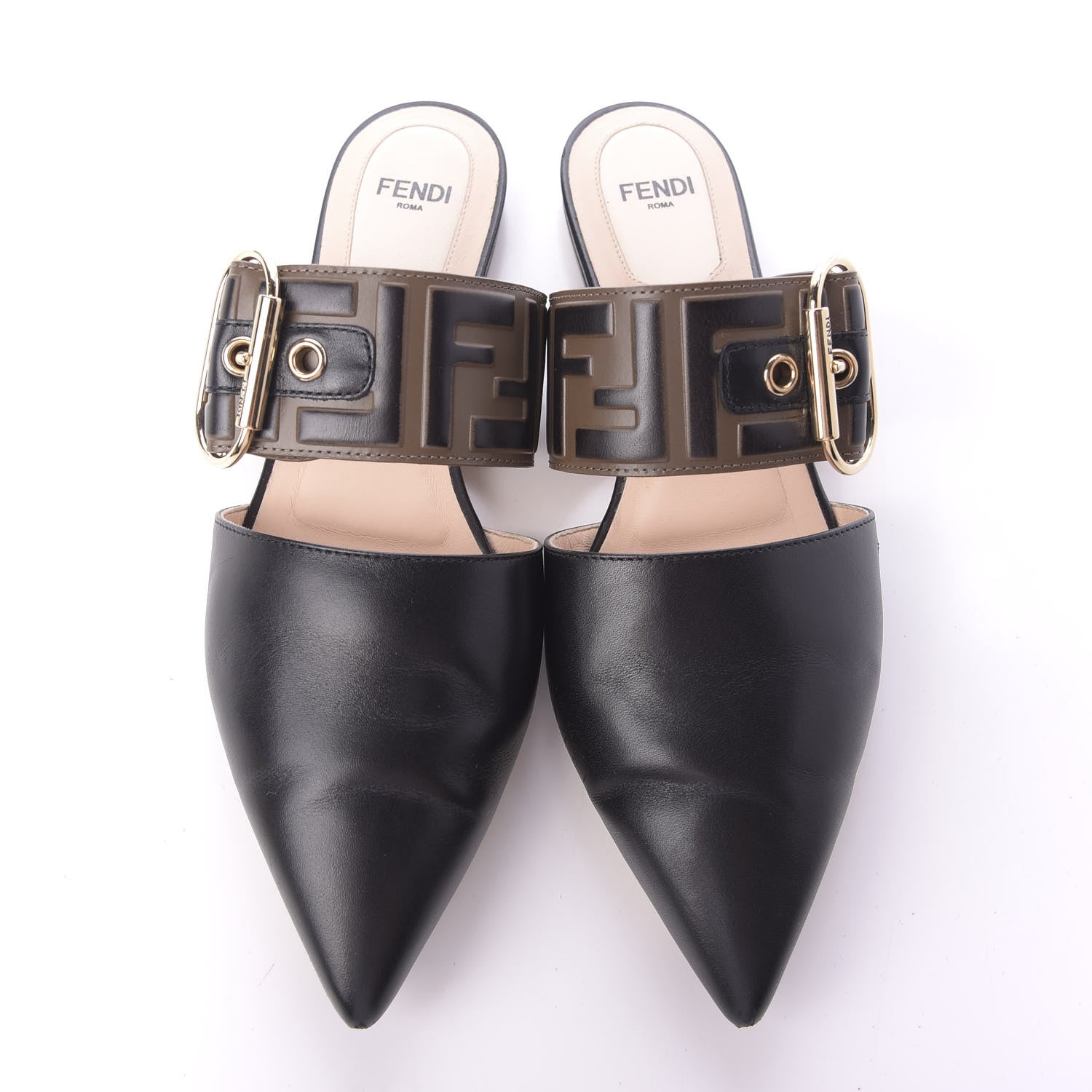 Fendi Vitello FF Embossed Buckle Flat Mules 36 Maya Black 6 of 11