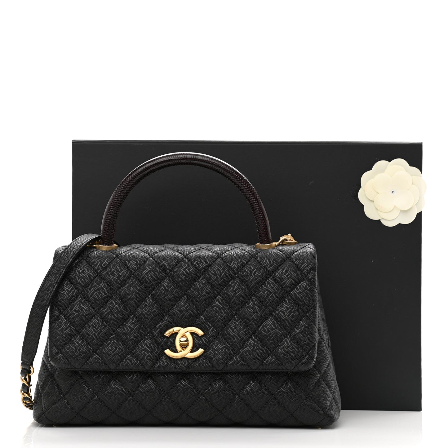 Caviar Lizard Quilted Small Coco Handle Flap Black