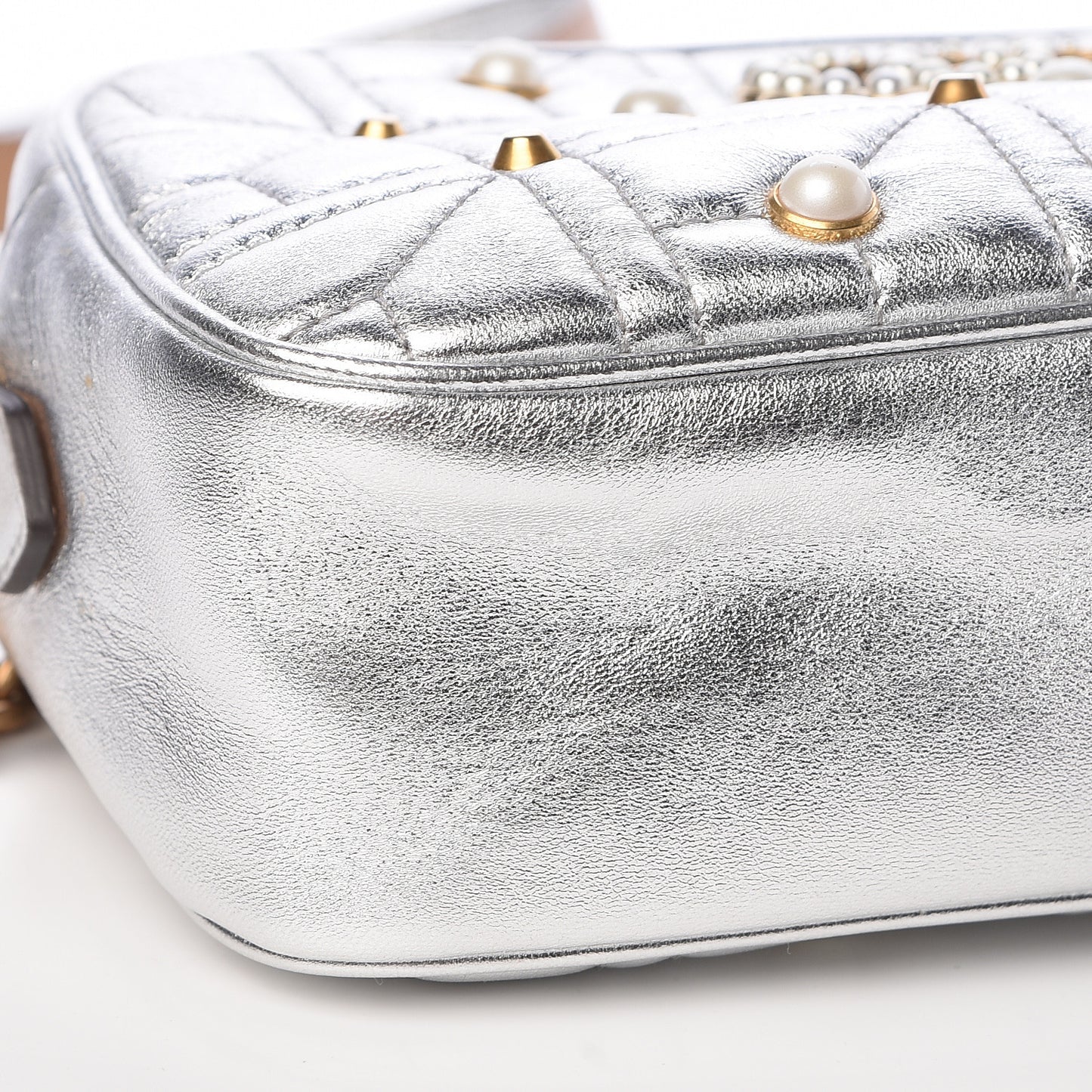 Metallic Calfskin Matelasse Studded Small Pearly GG Marmont Chain Shoulder Bag Silver
