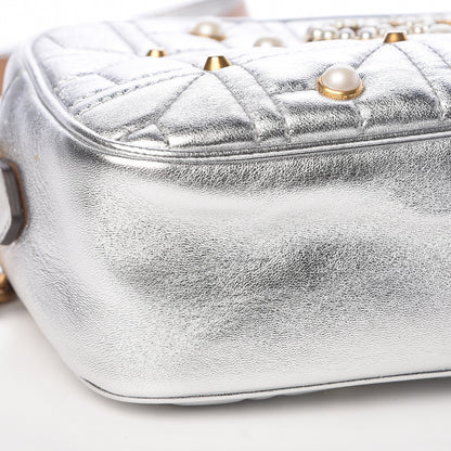 Gucci Metallic Calfskin Matelasse Studded Small Pearly GG Marmont Chain Shoulder Bag Silver 8 of 10