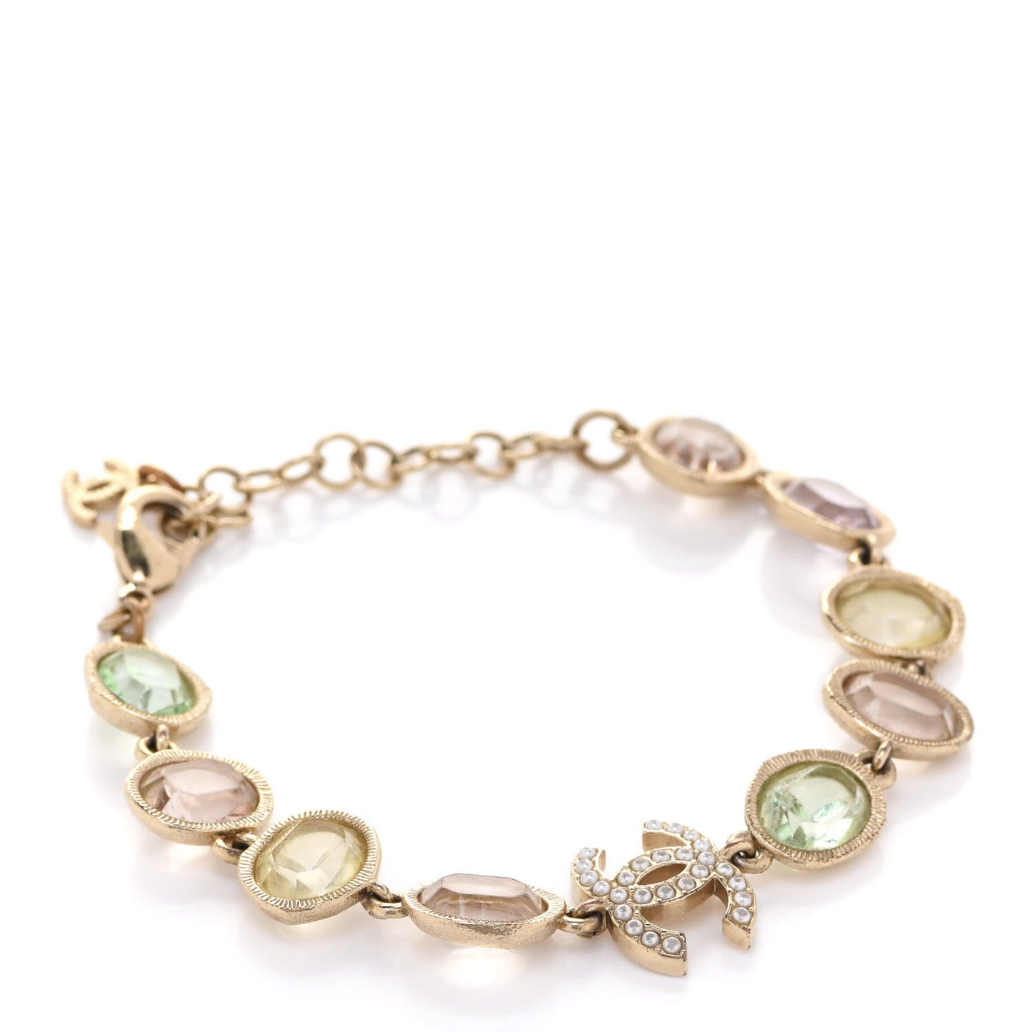 Metal Glass Crystal Strass Pearl CC Chain Bracelet Gold Multicolor Pearly White