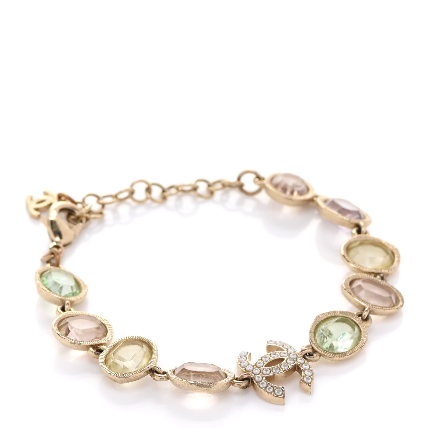 Chanel Metal Glass Crystal Strass Pearl CC Chain Bracelet Gold Multicolor Pearly White 1 of 5