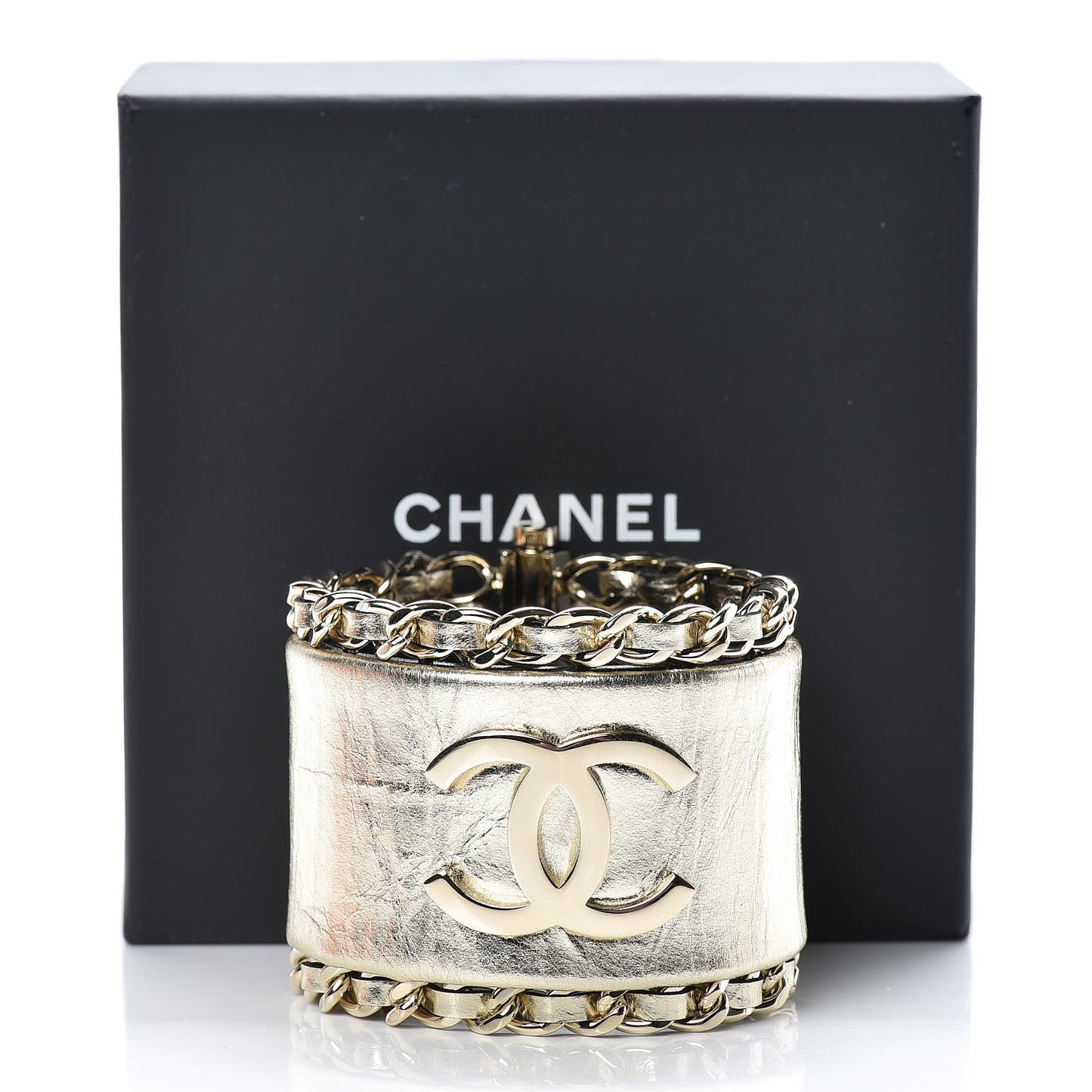 Metallic Aged Calfskin Chain CC Cuff Gold
