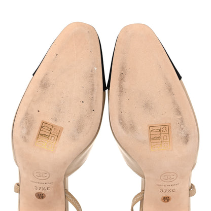 Chanel Goatskin Grosgrain Cap Toe CC Slingback Pumps 37.5 Beige Black 9 of 10