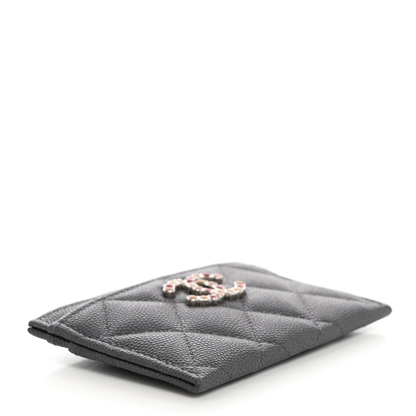 Shiny Caviar Enamel Quilted CC Flap Card Holder Grey
