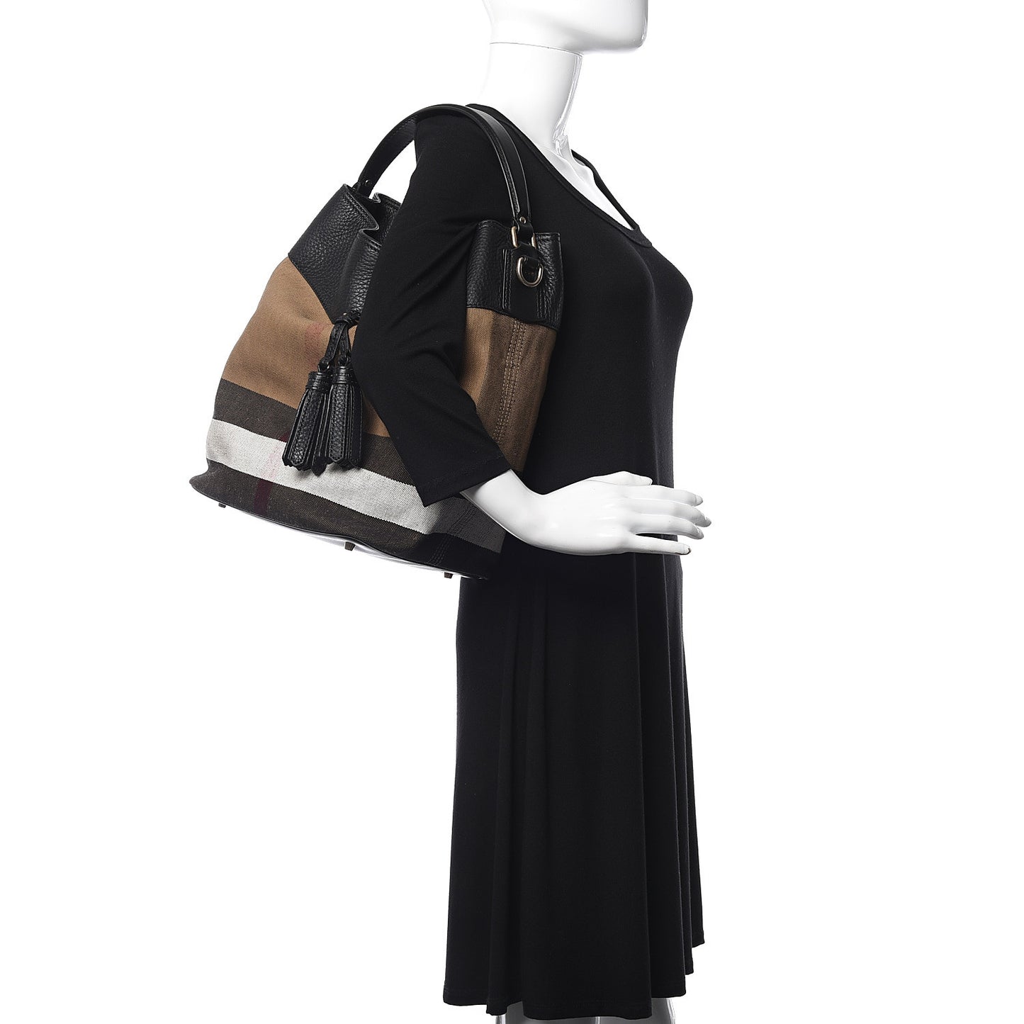 Grainy Calfskin Canvas Mega Check Medium Ashby Tassel Hobo Black