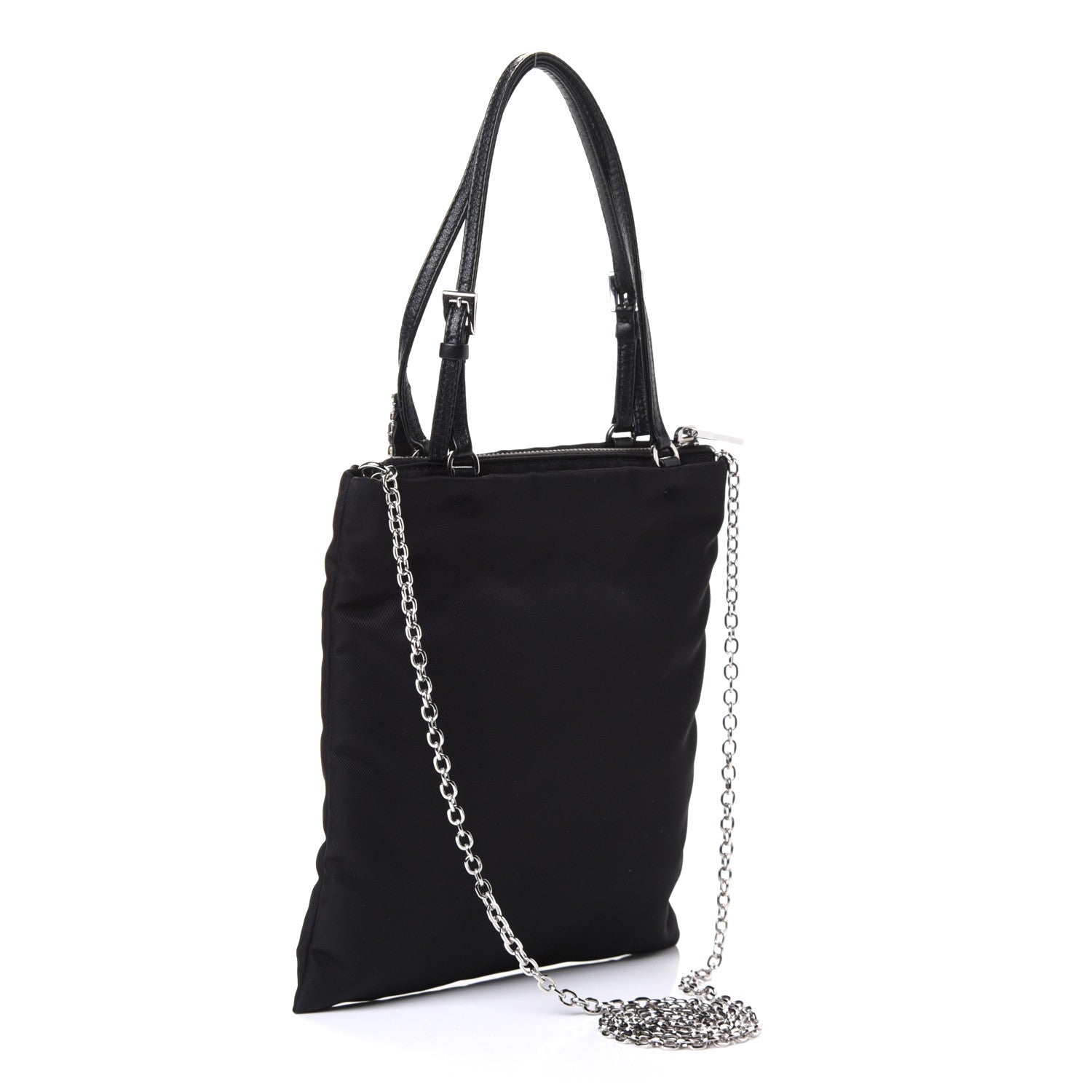 Prada Tessuto Nylon Crystal Metal Triangle Logo Lightning Chain Shopping Tote Black 2 of 4