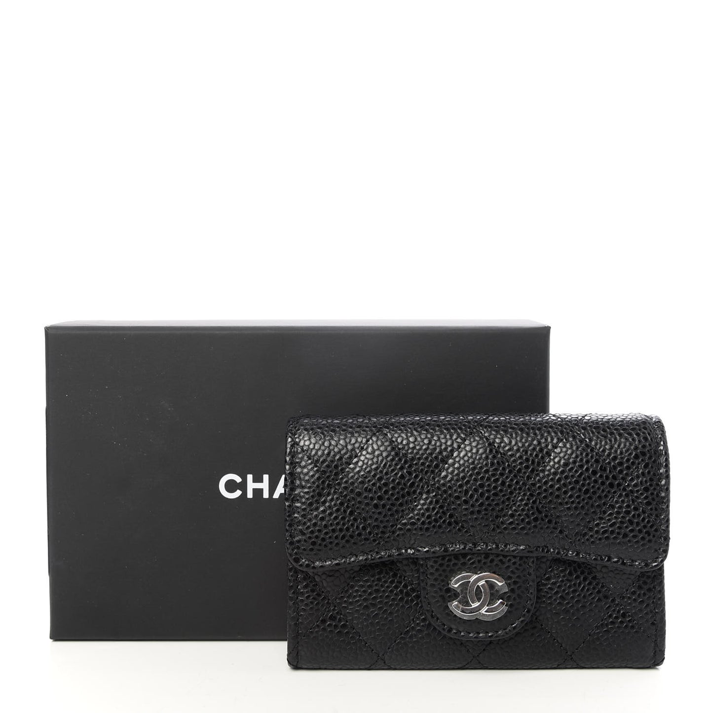 Caviar Quilted Flap Card Holder Wallet Black