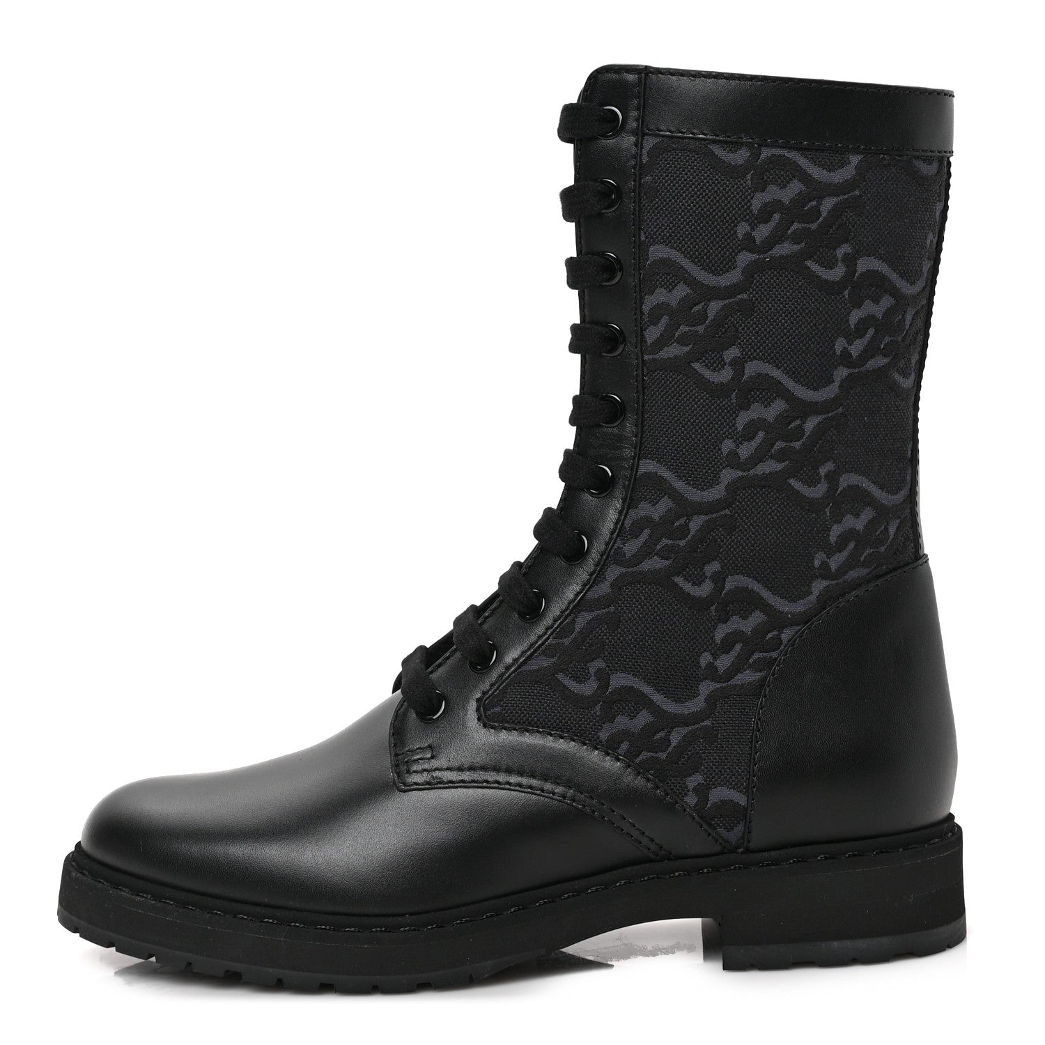 Fendi Vitello Fabric Jacquard Karligraphy Embroidered Womens Combat Boots 38 Black 1 of 7