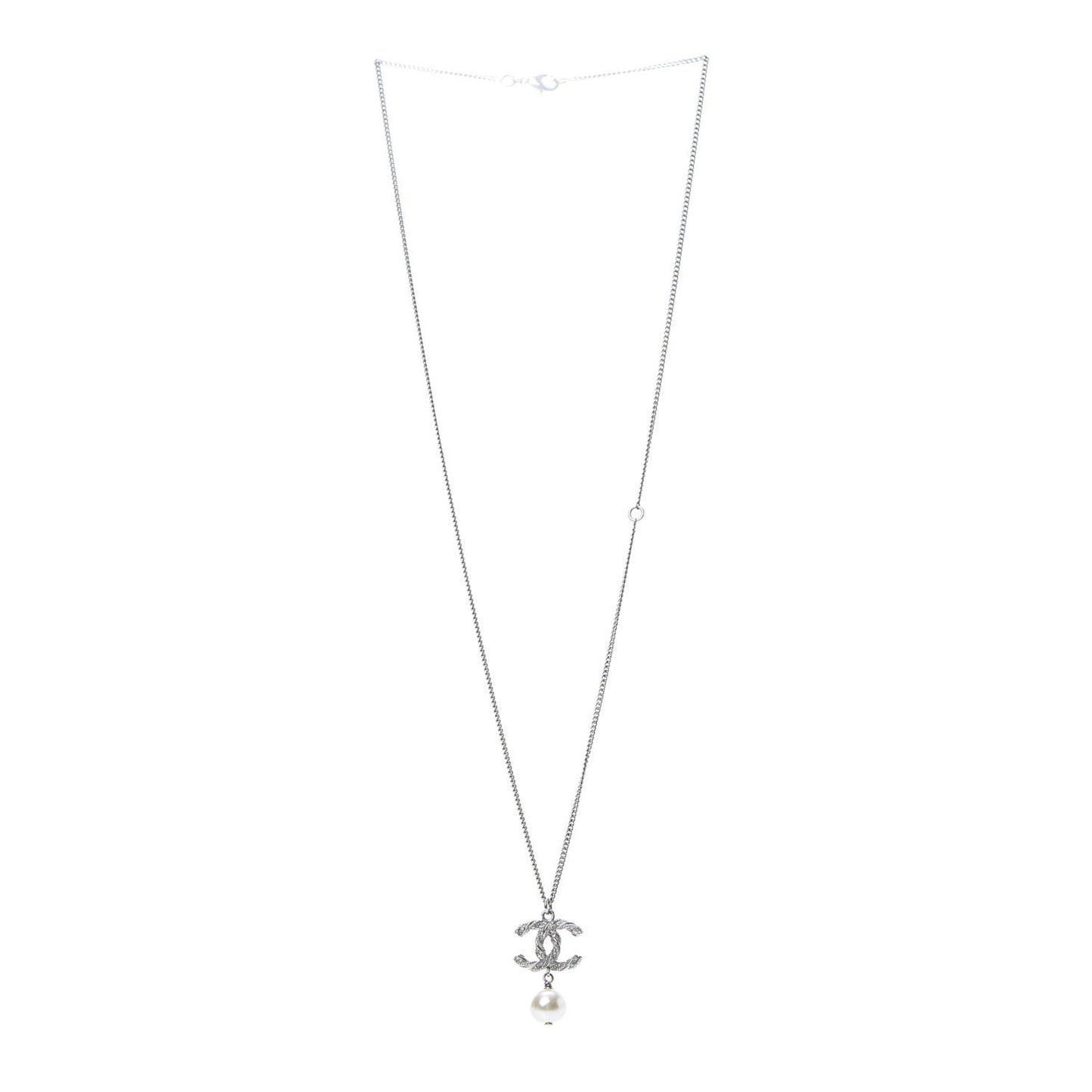 Crystal Pearl Twisted CC Drop Necklace Silver