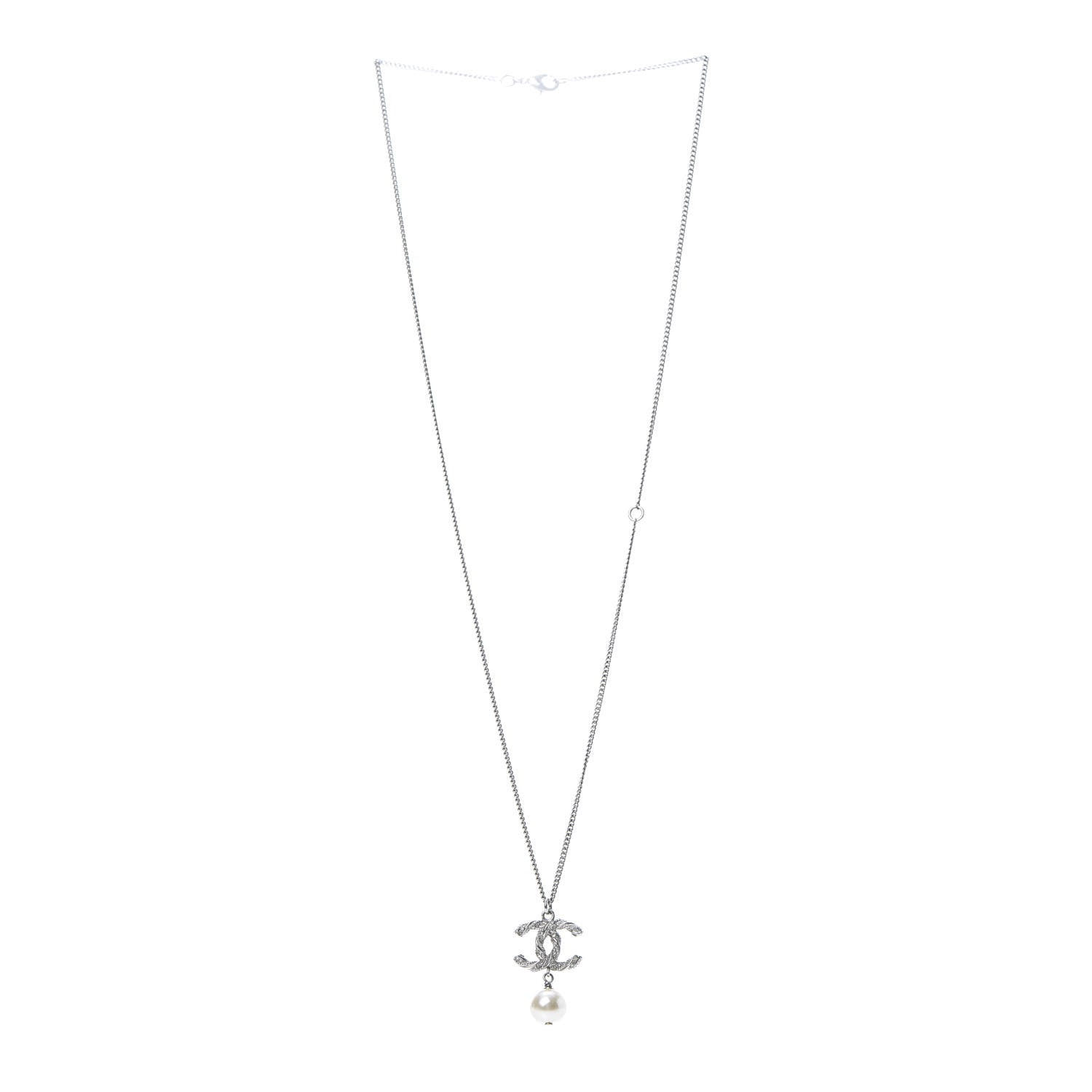 Chanel Crystal Pearl Twisted CC Drop Necklace Silver 3 of 5