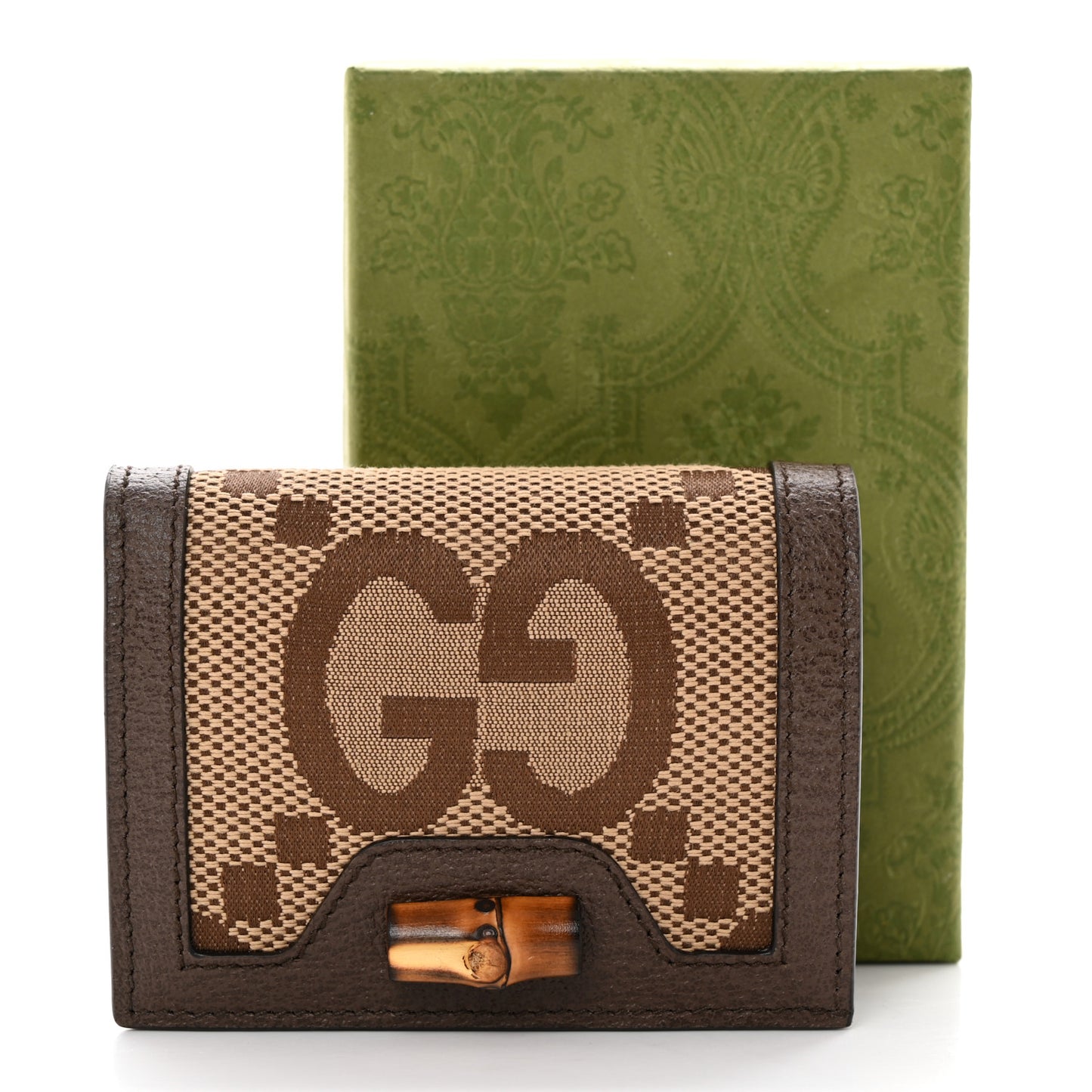 Monogram Jumbo GG Textured Dollar Calfskin Diana Card Case Wallet Camel Ebony New Acero