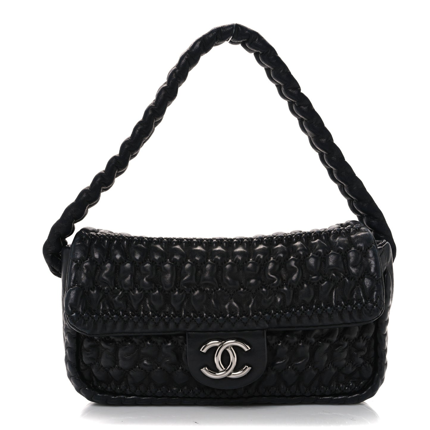 Lambskin Crochet Embroidered Shoulder Bag Black