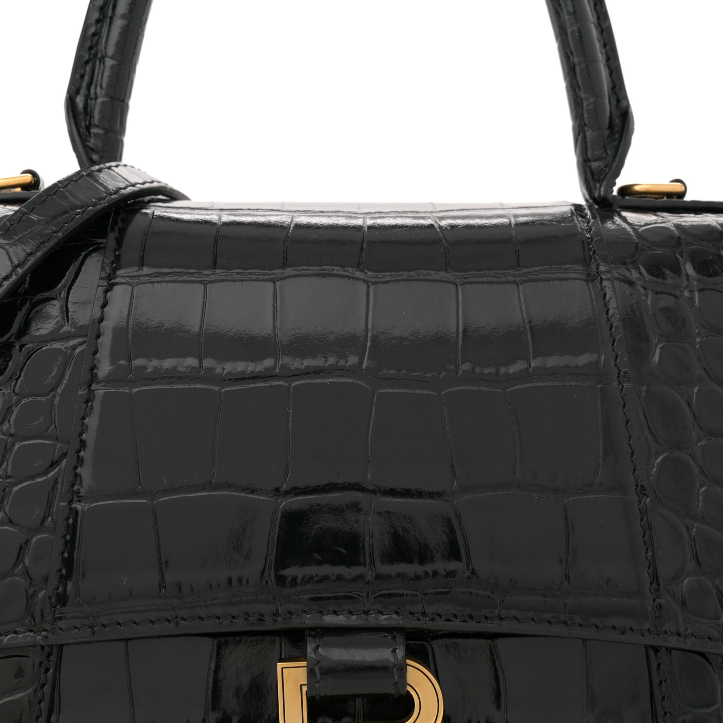 Shiny Calfskin Crocodile Embossed Small Hourglass Top Handle Bag Black