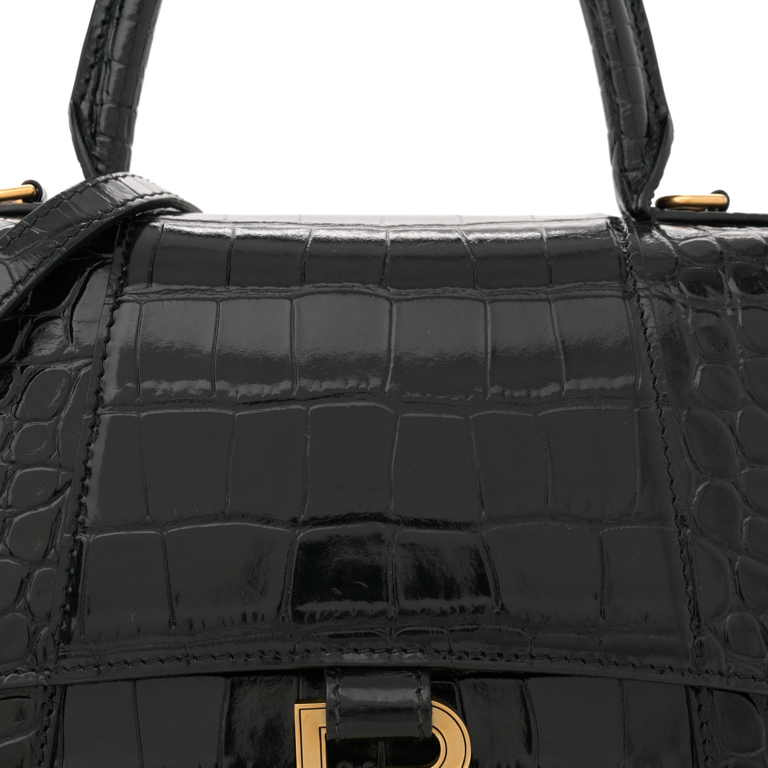 Balenciaga Shiny Calfskin Crocodile Embossed Small Hourglass Top Handle Bag Black 8 of 11