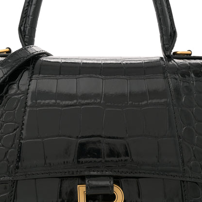 Balenciaga Shiny Calfskin Crocodile Embossed Small Hourglass Top Handle Bag Black 8 of 11