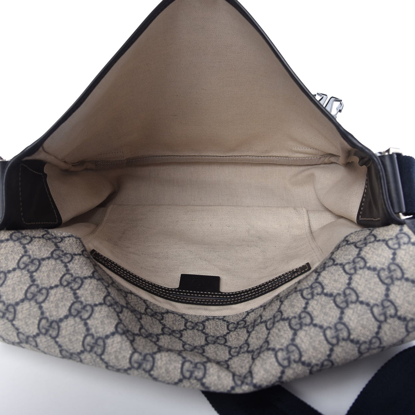 GG Plus Monogram Medium Double Buckle Flap Messenger Bag Beige Navy