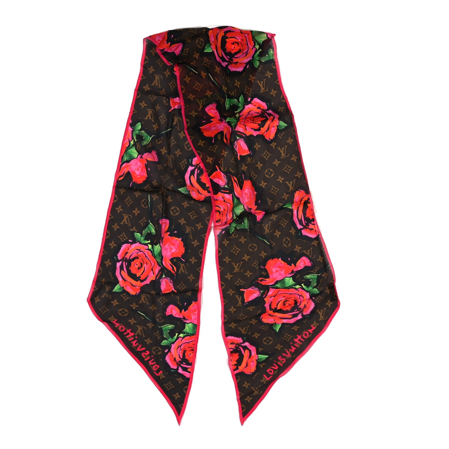 Silk Monogram Roses Scarf Marron