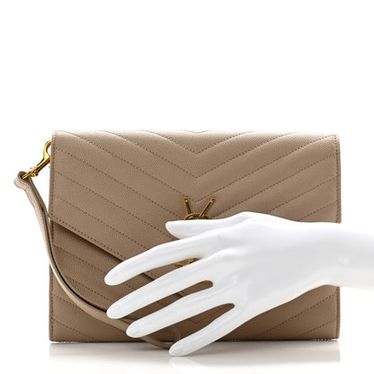 Saint Laurent Grain De Poudre Matelasse Chevron Monogram Envelope Clutch Dark Beige 2 of 9