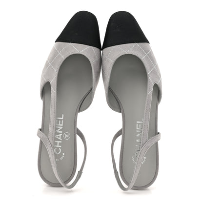 Chanel Suede Crystal Grosgrain Cap Toe CC Slingback Flats 36.5 Gray Silver Black 2 of 10
