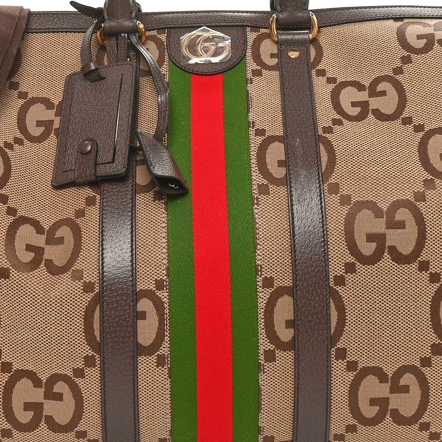 Gucci Monogram Jumbo GG Textured Dollar Calfskin Web Large Duffle Bag Camel Ebony 7 of 9