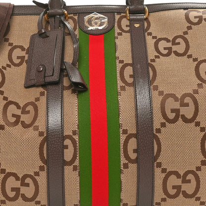 Gucci Monogram Jumbo GG Textured Dollar Calfskin Web Large Duffle Bag Camel Ebony 7 of 9