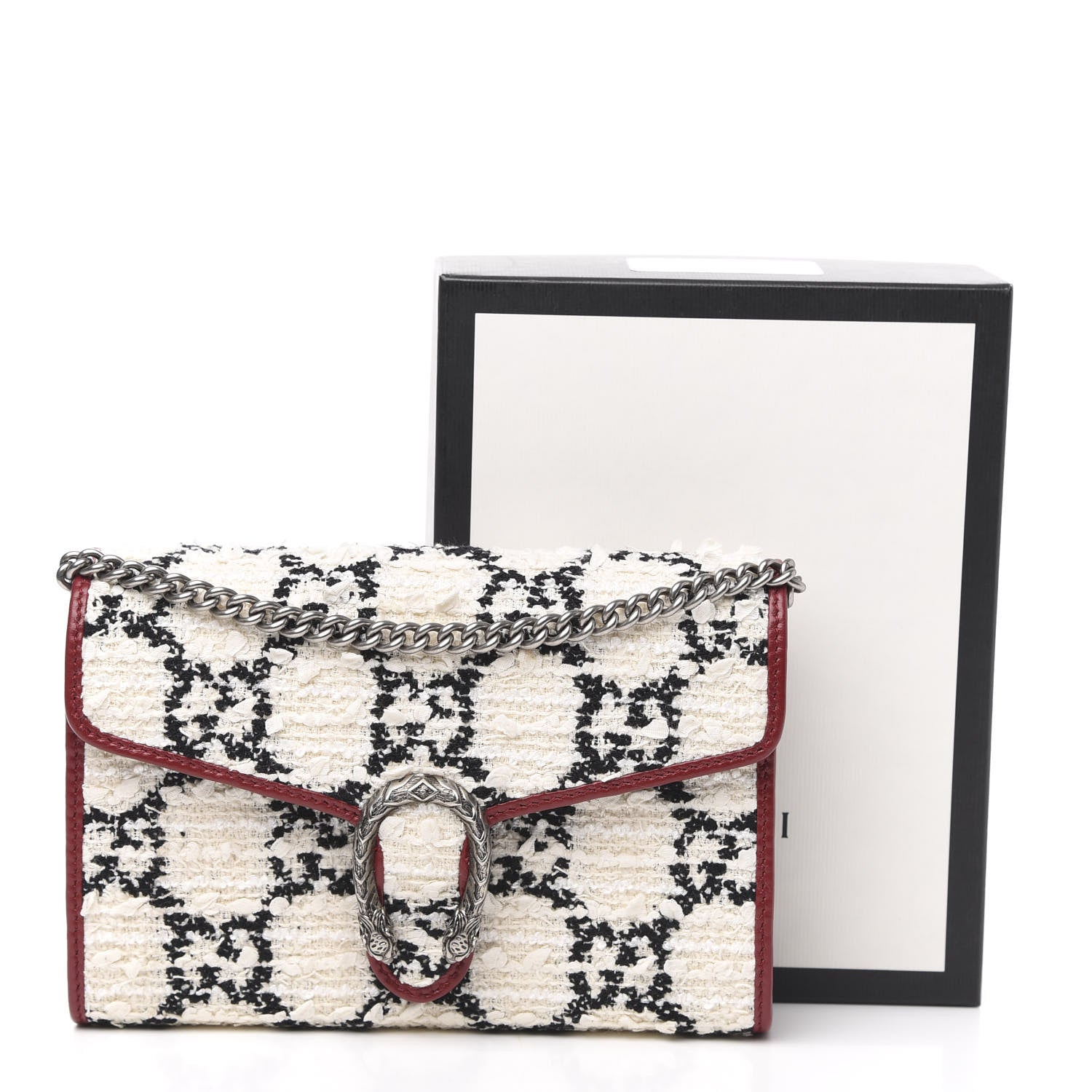 Gucci Tweed GG Monogram Mini Dionysus Chain Wallet White Black Romantic Cherry 10 of 10