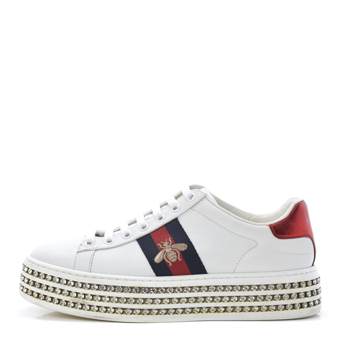 Calfskin Crystal Web Bee Embroidered Womens Ace Platform Sneakers 36 White