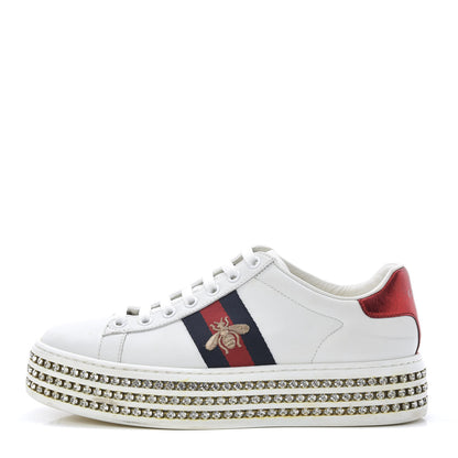 Gucci Calfskin Crystal Web Bee Embroidered Womens Ace Platform Sneakers 36 White 1 of 13