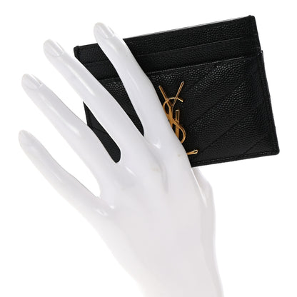 Saint Laurent Grain De Poudre Matelasse Chevron Monogram Credit Card Case Black 2 of 9