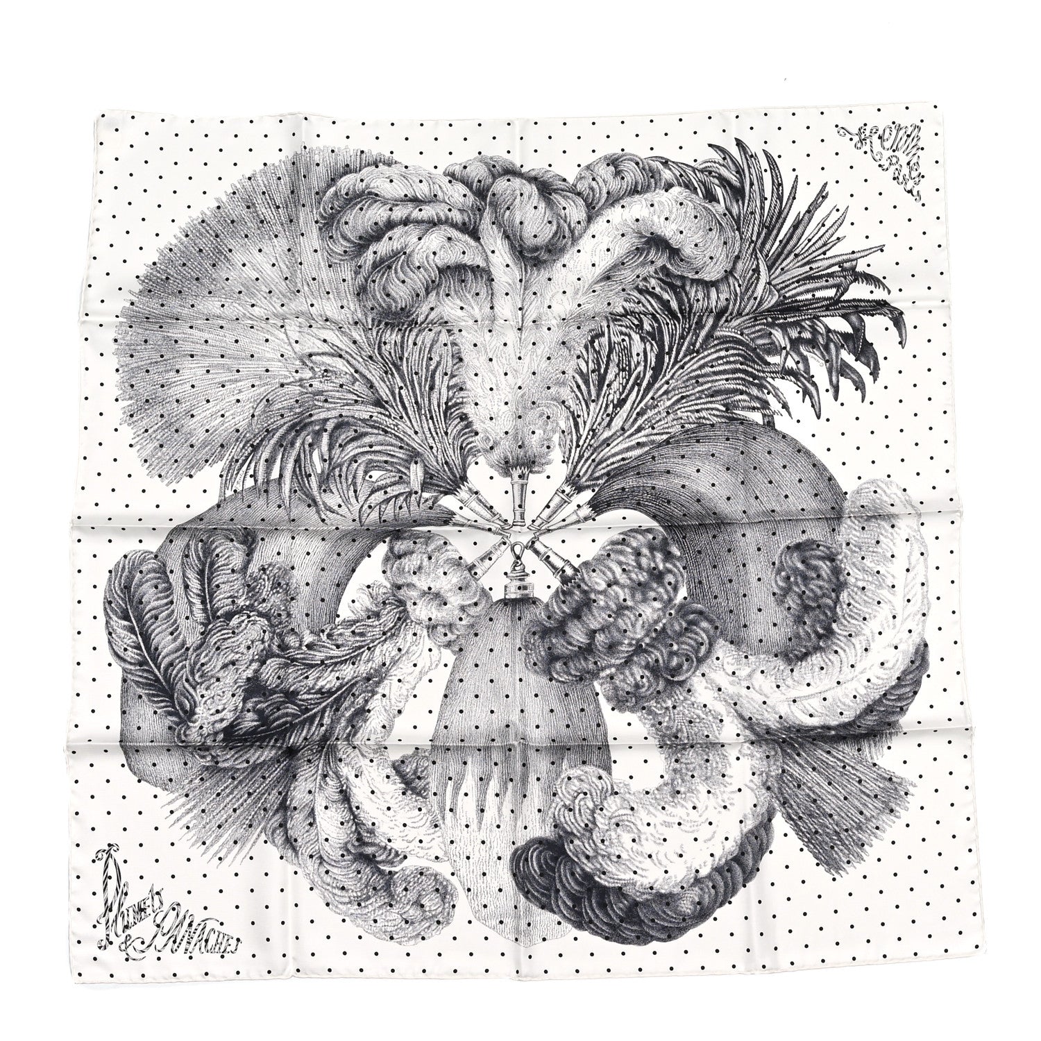 Hermes Silk Plumets Et Panaches Scarf 90 White Black Anthracite 1 of 5
