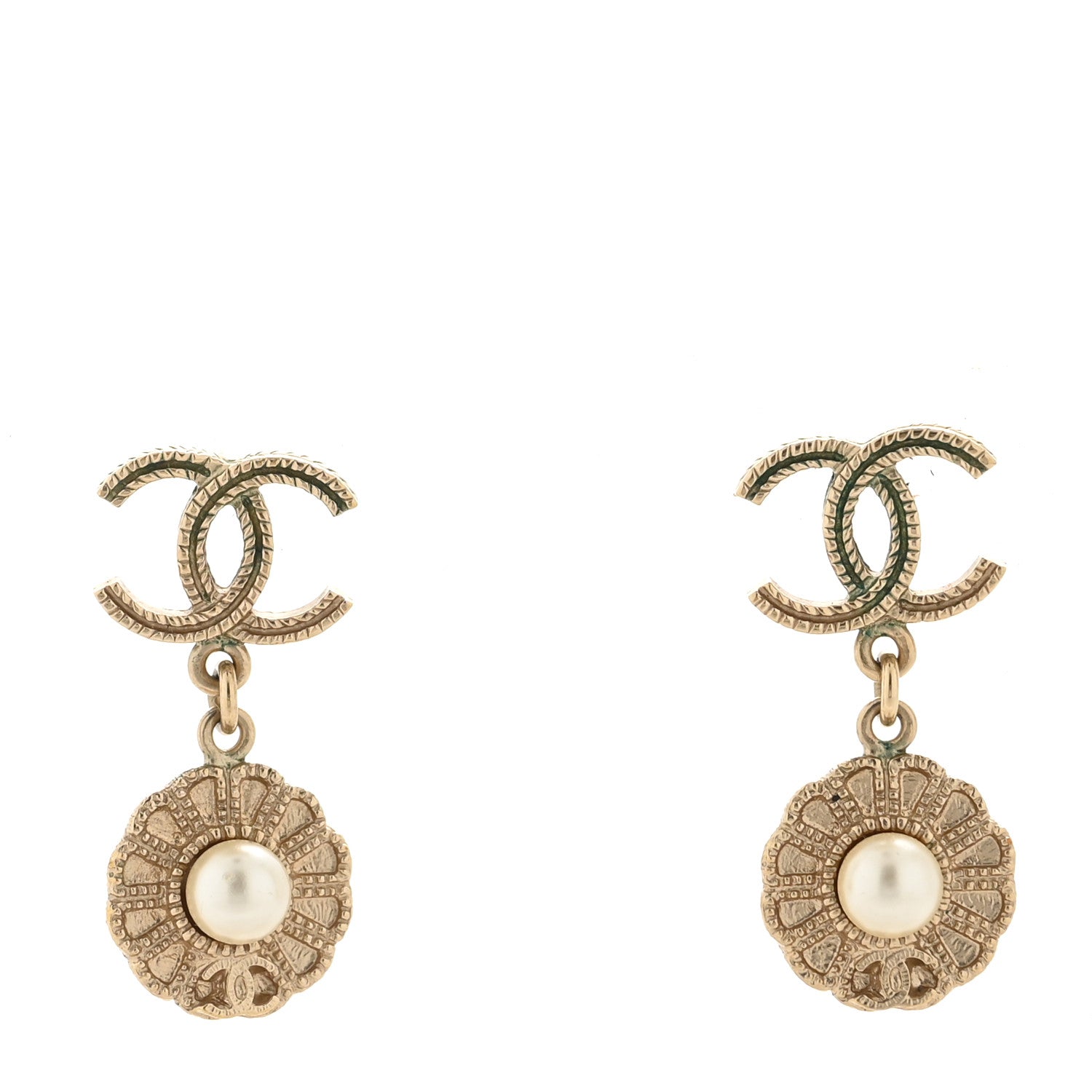 Chanel Pearl Camellia CC Drop Earrings Gold White 1 of 4