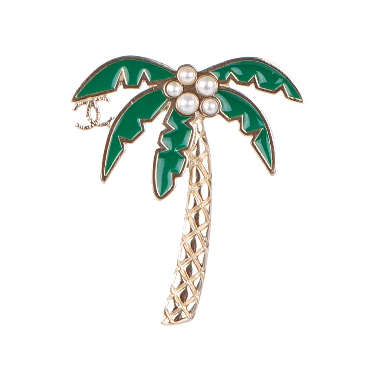 Enamel Pearl Palm Tree Brooch Green Gold