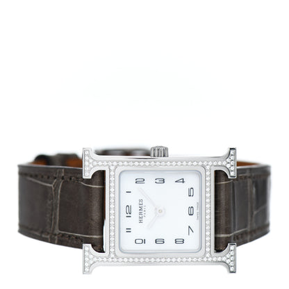 Hermes Stainless Steel Alligator Diamond Bezel Mother of Pearl 21mm Heure H Hour Quartz Watch Gris Elephant 2 of 5