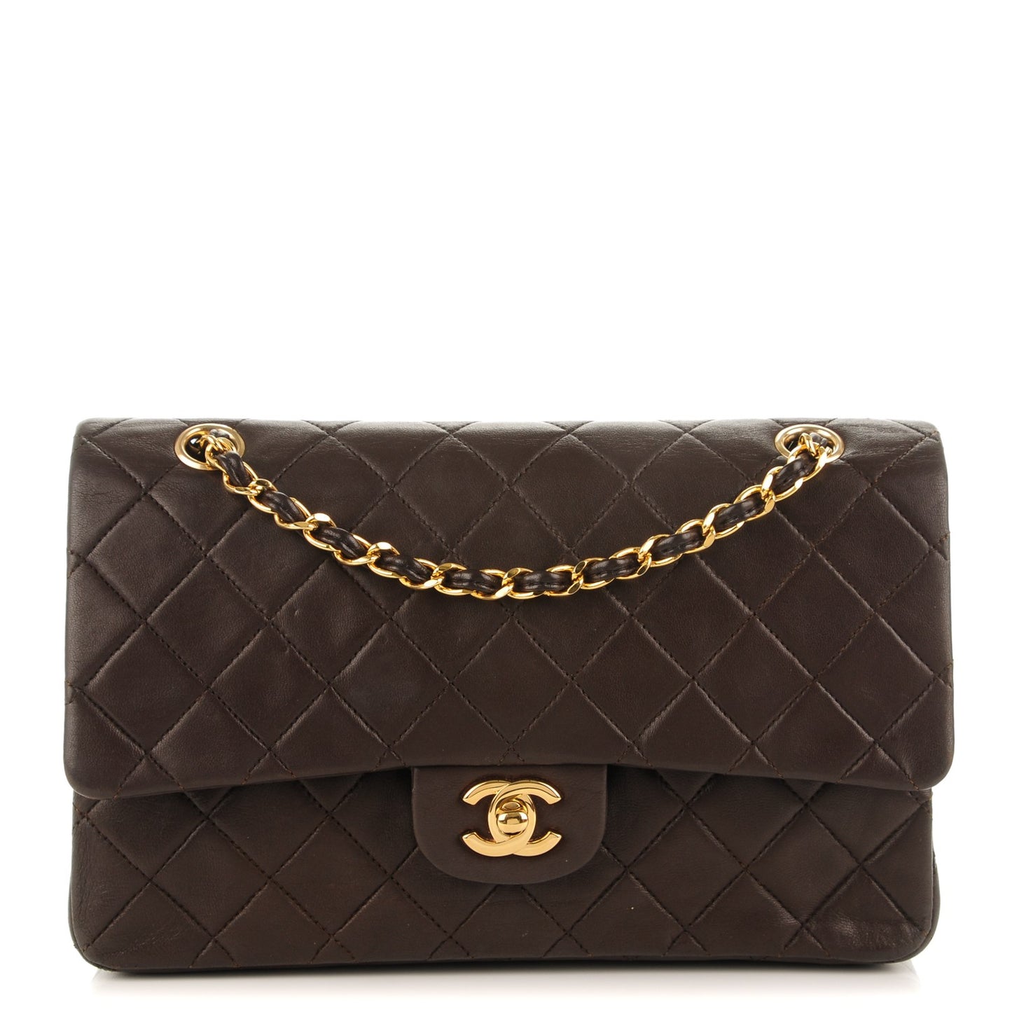 Lambskin Quilted Medium Double Flap Dark Brown