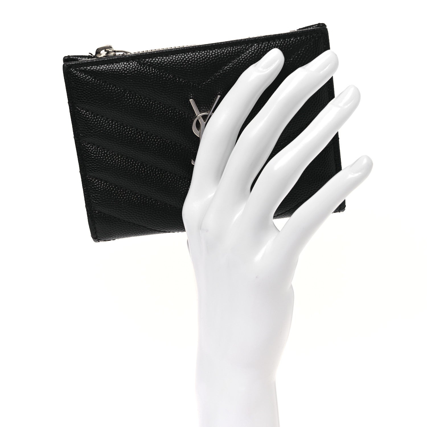 Saint Laurent Grain De Poudre Matelasse Chevron Monogram Zipped Two-Part Wallet Black 2 of 10