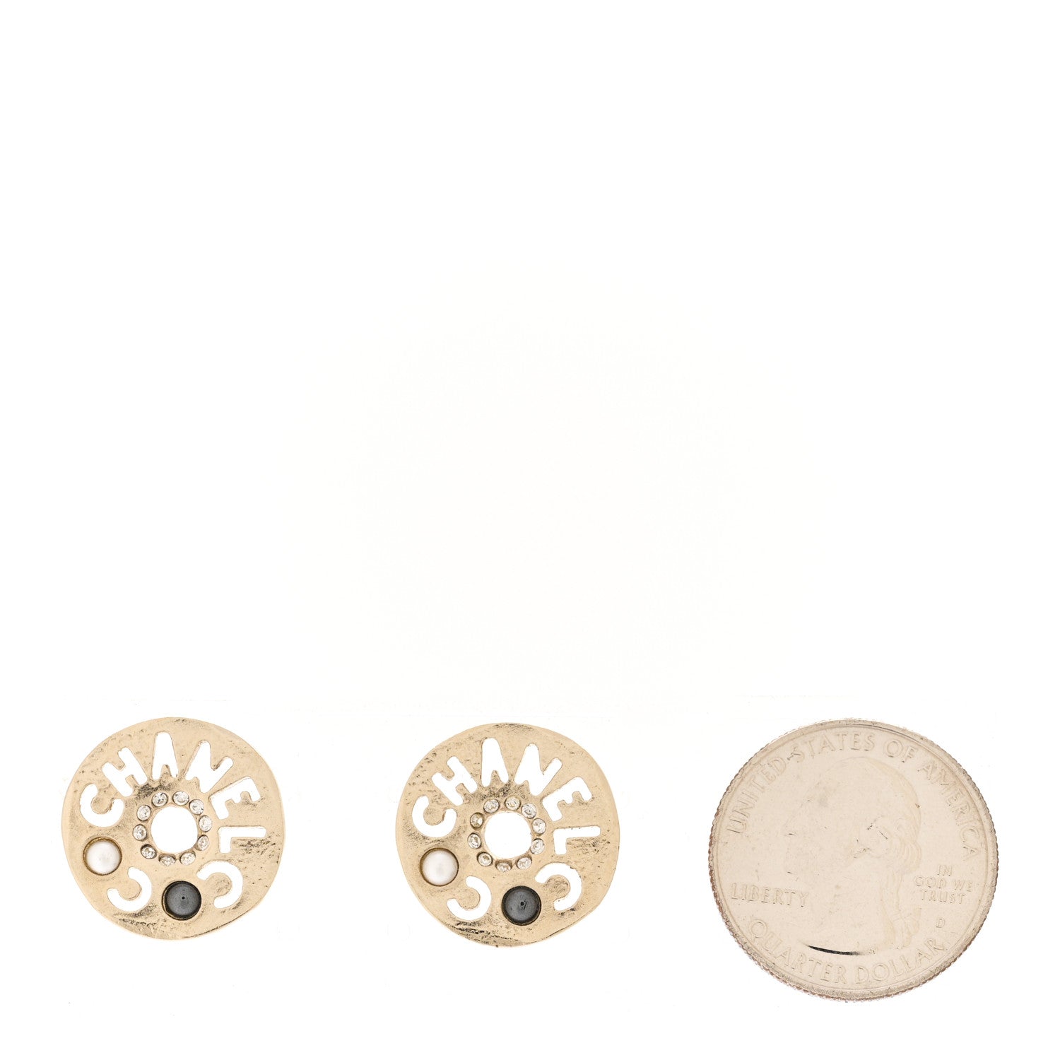 Chanel Crystal Pearl Papyrus Stud Earrings Gold Grey 2 of 4