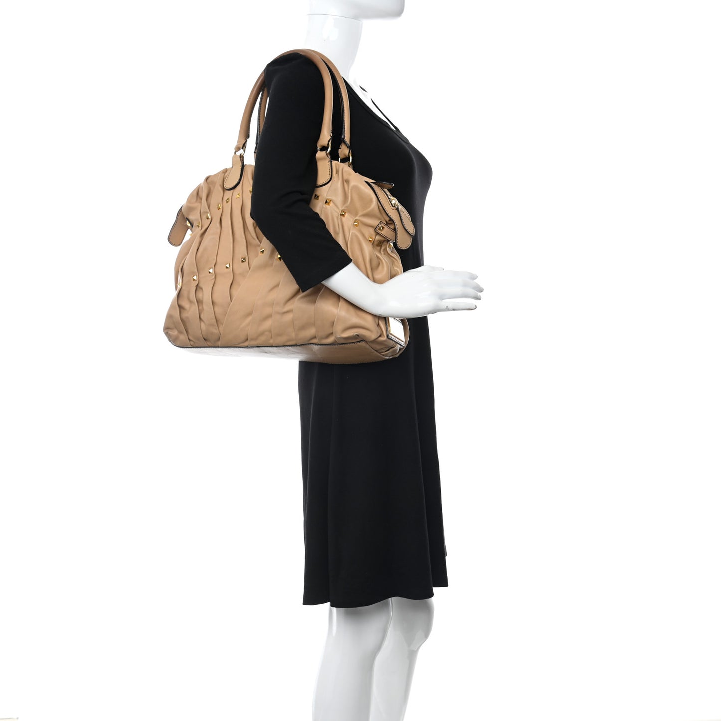 Lambskin Pleated Studded Maizeon Tote Tan