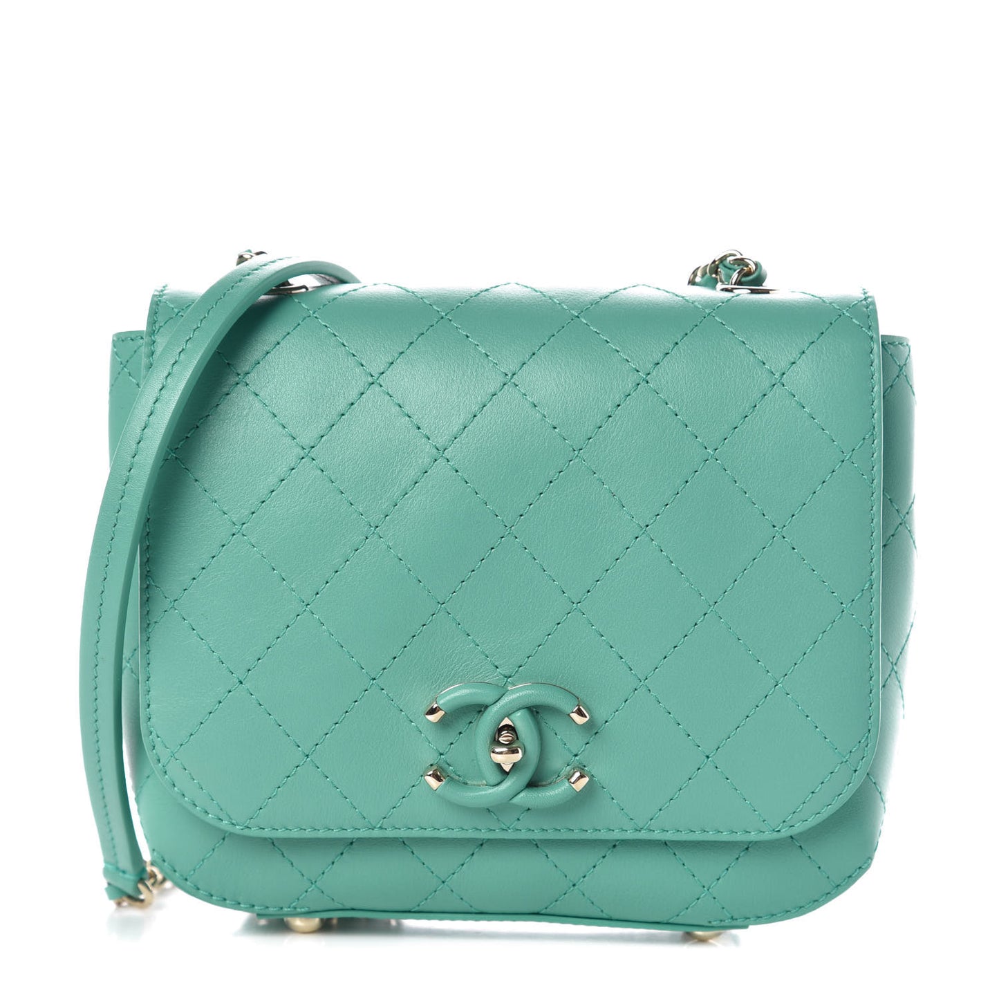 Calfskin Stitched Small Covered CC Flap Bag Green