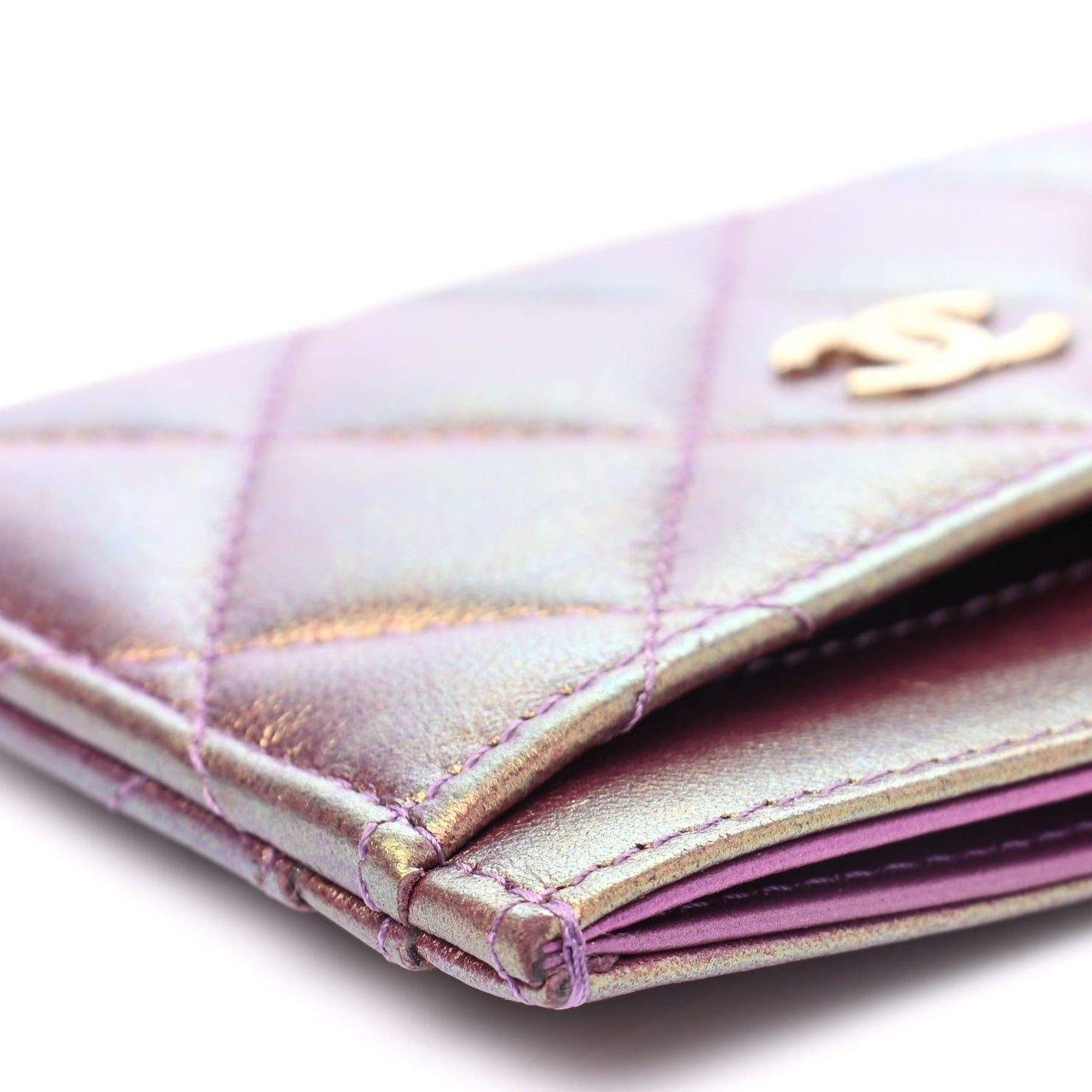 Iridescent Lambskin Quilted Card Holder Purple