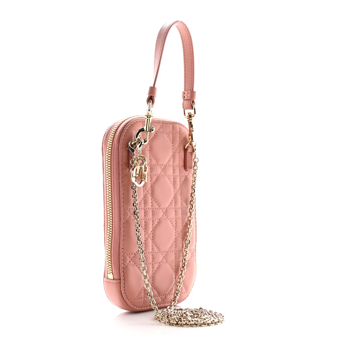 Lambskin Cannage Lady Dior Phone Holder Deep Nude